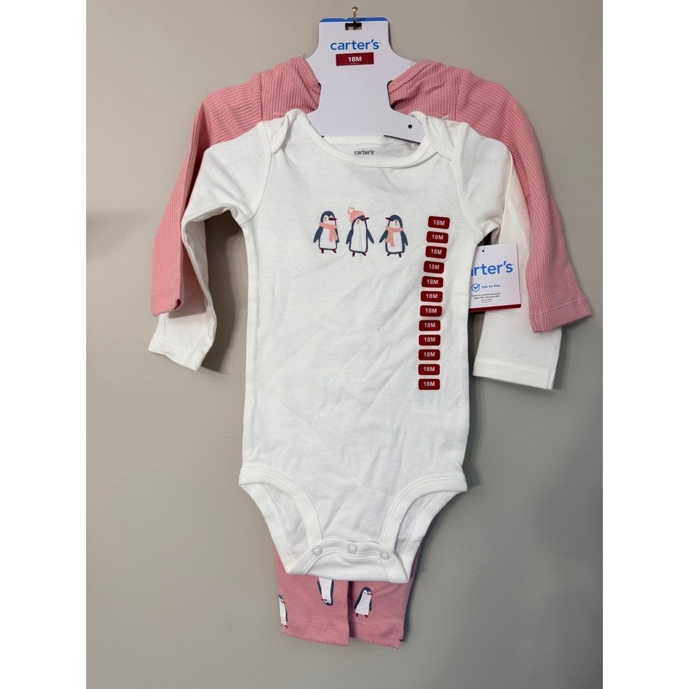 Carter's 3-Piece Bodysuit Pants Set Baby Girl Pink Penguin Waffle Knit NWT